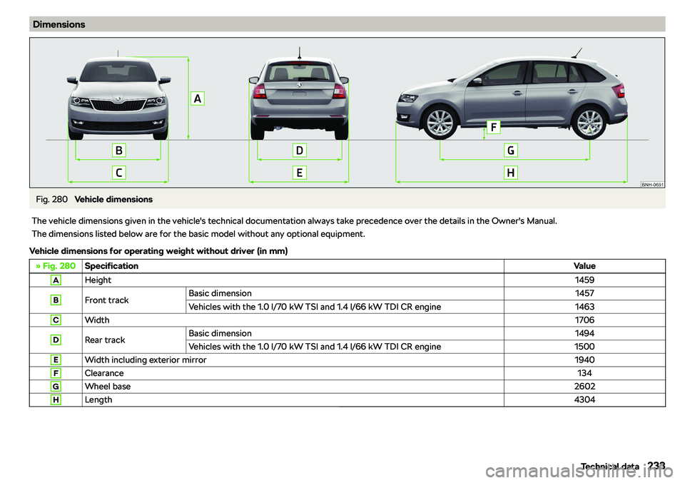 SKODA RAPID SPACEBACK 2018  Owners Manual DimensionsFig. 280 
Vehicle dimensions
The vehicle dimensions given in the vehicle
