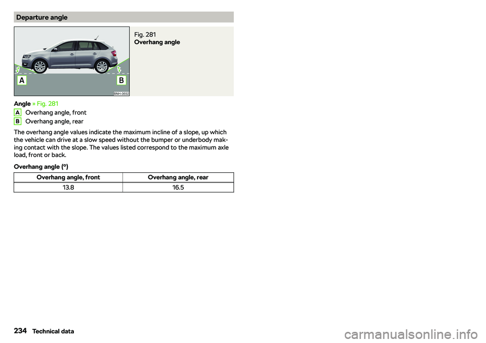 SKODA RAPID SPACEBACK 2018  Owners Manual Departure angleFig. 281 
Overhang angle
Angle 