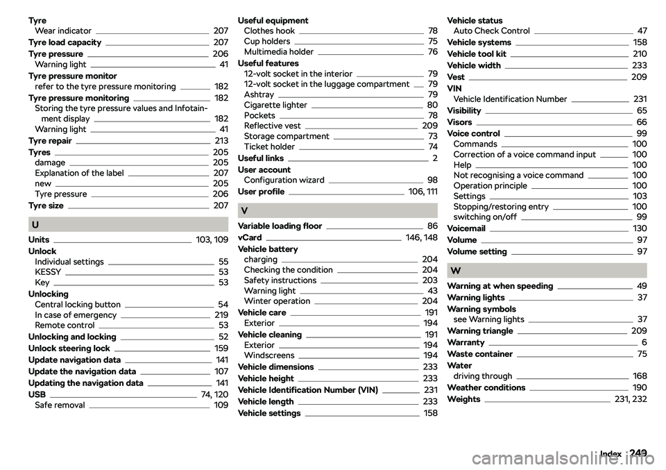 SKODA RAPID SPACEBACK 2018  Owners Manual TyreWear indicator207
Tyre load capacity
207
Tyre pressure
206
Warning light41
Tyre pressure monitor refer to the tyre pressure monitoring
182
Tyre pressure monitoring
182
Storing the tyre pressure va