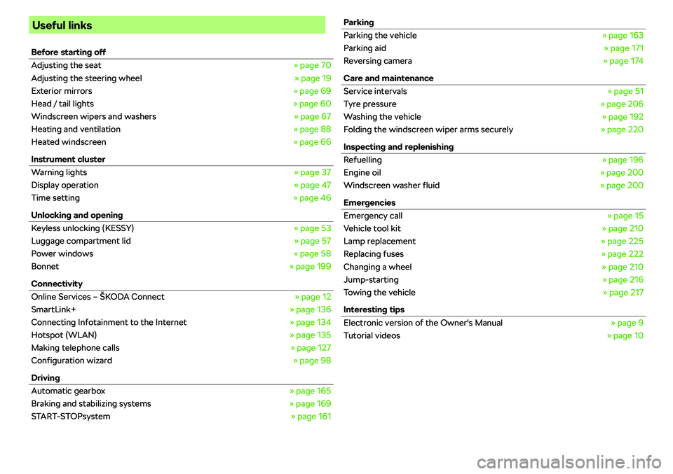 SKODA RAPID SPACEBACK 2018  Owners Manual Useful linksBefore starting offAdjusting the seat