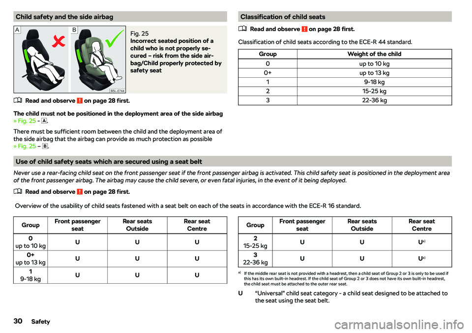 SKODA RAPID SPACEBACK 2018 Owners Guide Child safety and the side airbagFig. 25 
Incorrect seated position of a
child who is not properly se-
cured 