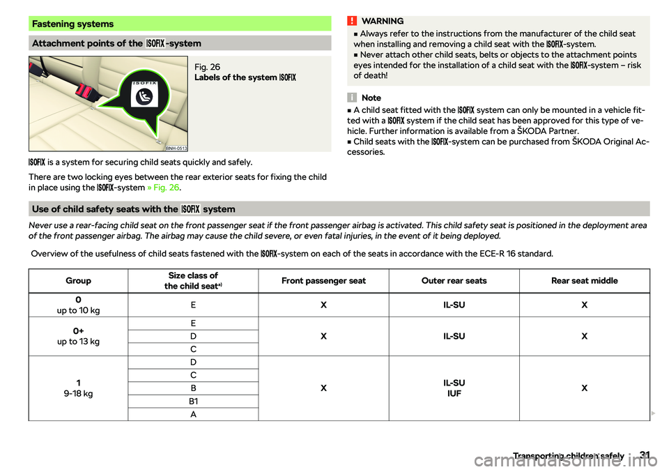SKODA RAPID SPACEBACK 2018 Owners Guide Fastening systems
Attachment points of the ������-system
Fig. 26 
Labels of the system ������
������ is a system for securing child seats quickly 