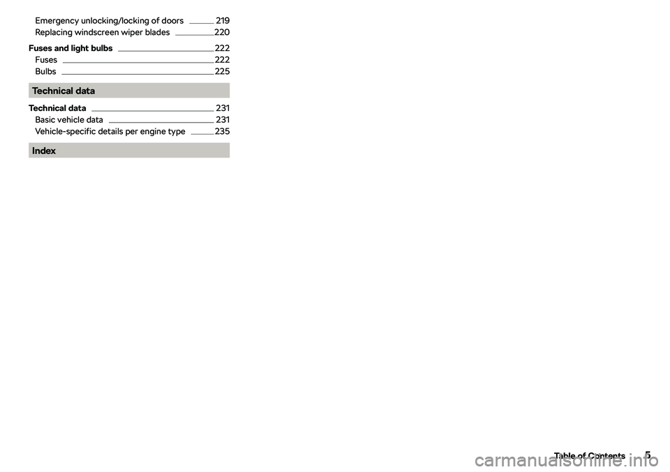 SKODA RAPID SPACEBACK 2018  Owners Manual Emergency unlocking/locking of doors219
Replacing windscreen wiper blades
220
Fuses and light bulbs
222
Fuses
222
Bulbs
225
Technical data
Technical data
231
Basic vehicle data
231
Vehicle-specific de