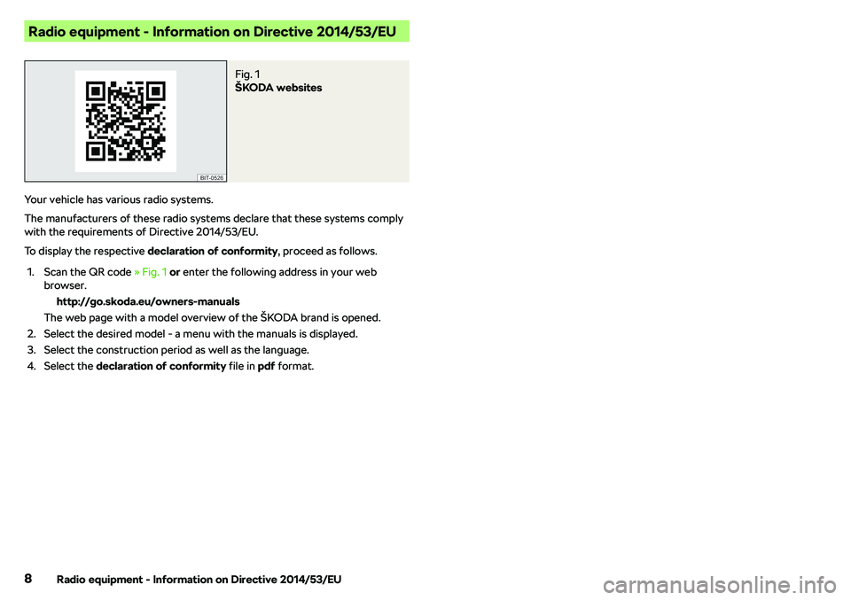 SKODA RAPID SPACEBACK 2018  Owners Manual Radio equipment - Information on Directive 2014/53/EUFig. 1 
