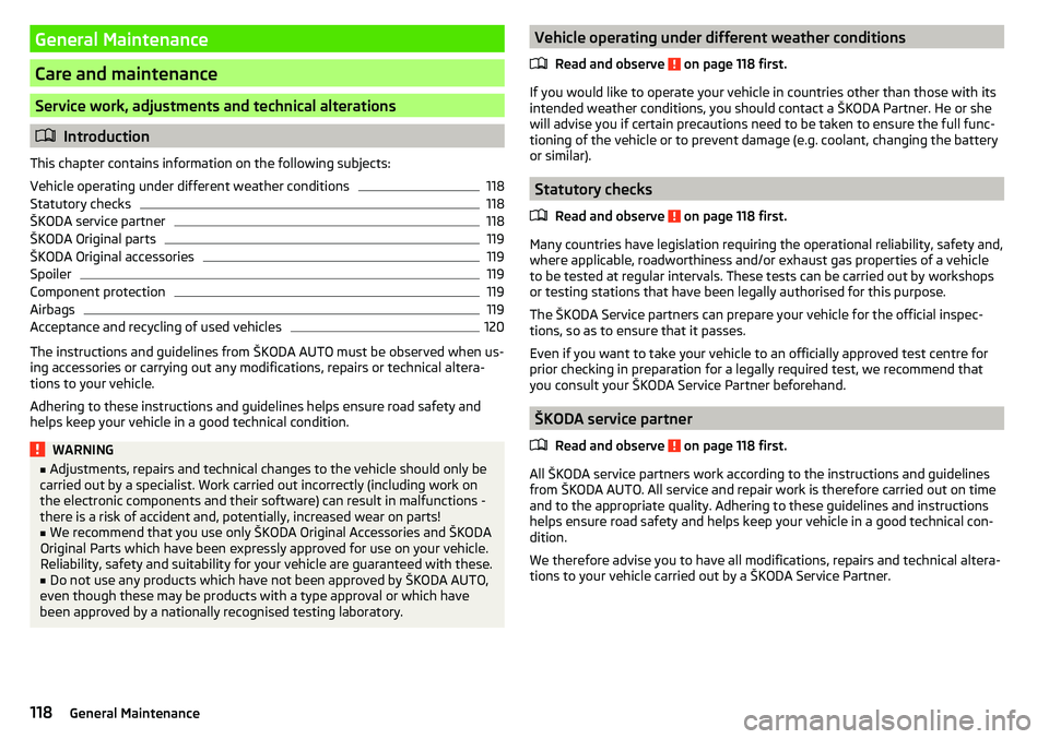 SKODA RAPID SPACEBACK 2017  Owners Manual General Maintenance
Care and maintenance
Service work, adjustments and technical alterations
Introduction
This chapter contains information on the following subjects:
Vehicle operating under differ