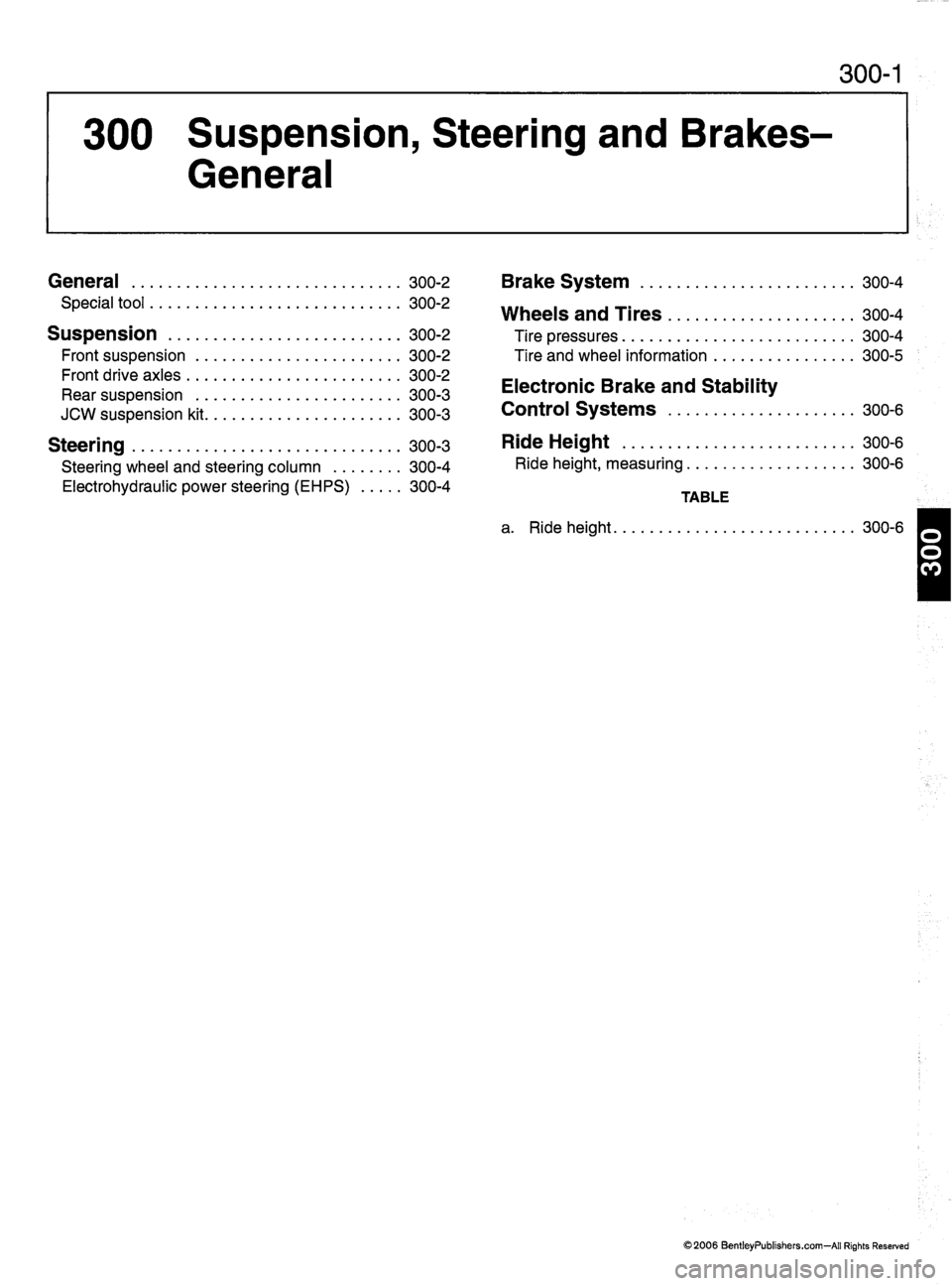 MINI COOPER 2002 Service Repair Manual 300-1
300 Suspension, Steering and Brakes-General
General 300-2
Special tool 300-2
Suspension 300-2Front suspension 300-2
F r o n t d r i v e a x l e s 3 0 0 - 2
R e a r s u s p e n s i o MINI COOPER 2002 Service Repair Manual 300-1
300 Suspension, Steering and Brakes-General
General 300-2
Special tool 300-2
Suspension 300-2Front suspension 300-2
F r o n t d r i v e a x l e s 3 0 0 - 2
R e a r s u s p e n s i o