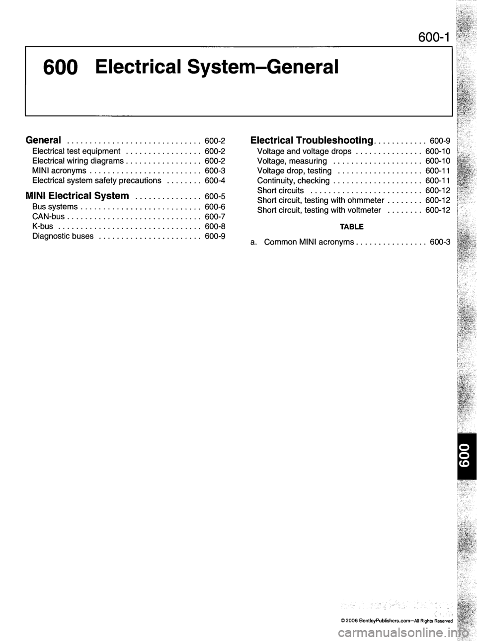 MINI COOPER 2002 Service Repair Manual 600-1
600 Electrical System-General
General 600-2
Electrical test equipment 600-2
E l e c t r i c a l w i r i n g d i a g r a m s 6 0 0 - 2
M I N I a c r o n y m s 6 0 0 - 3
E l e c t r i c a MINI COOPER 2002 Service Repair Manual 600-1
600 Electrical System-General
General 600-2
Electrical test equipment 600-2
E l e c t r i c a l w i r i n g d i a g r a m s 6 0 0 - 2
M I N I a c r o n y m s 6 0 0 - 3
E l e c t r i c a