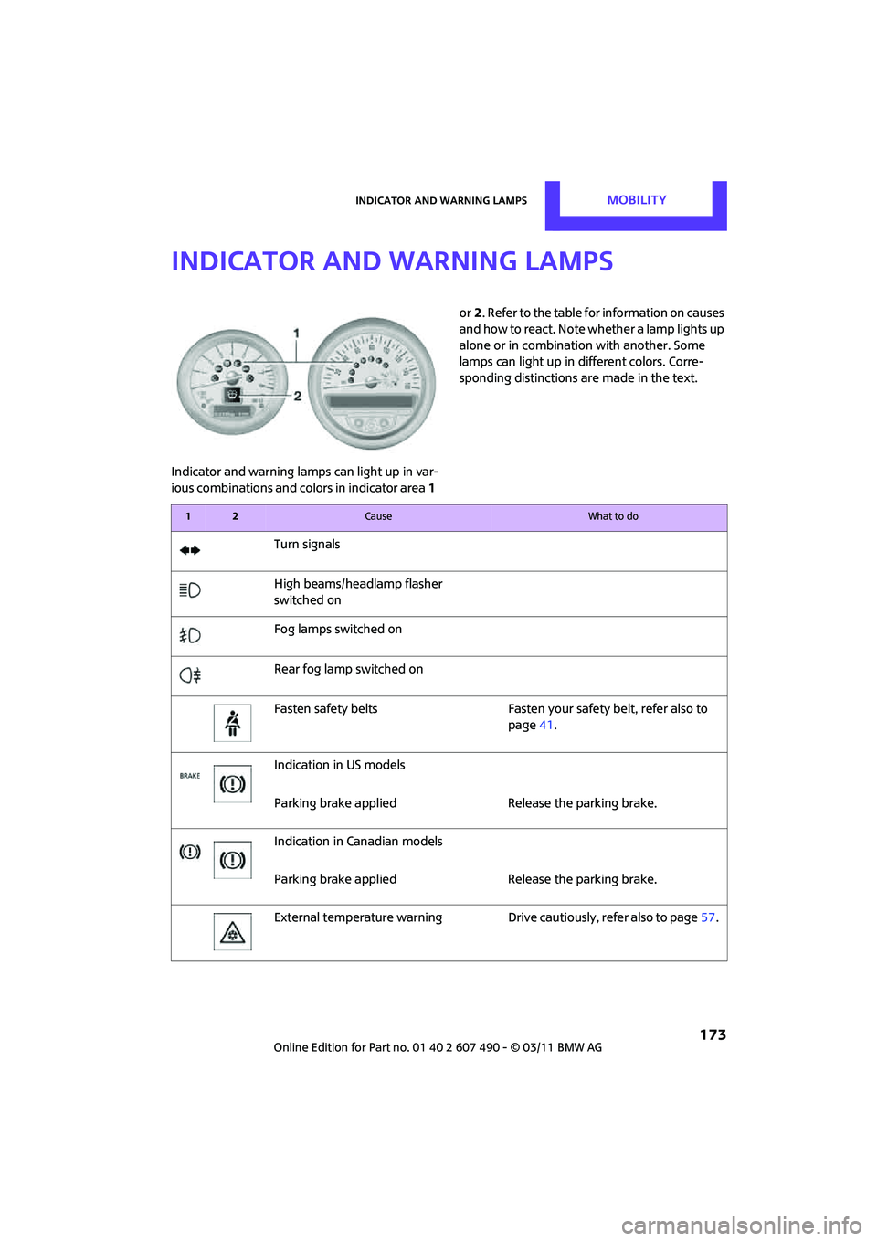 MINI COOPER 2011 Owners Manual Indicator and warning lampsMOBILITY
173
Indicator and warning lamps
Indicator and warning lamps can light up in var-
ious combinations and colors in indicator area 1 or
2. Refer to the table for inf MINI COOPER 2011 Owners Manual Indicator and warning lampsMOBILITY
173
Indicator and warning lamps
Indicator and warning lamps can light up in var-
ious combinations and colors in indicator area 1 or
2. Refer to the table for inf