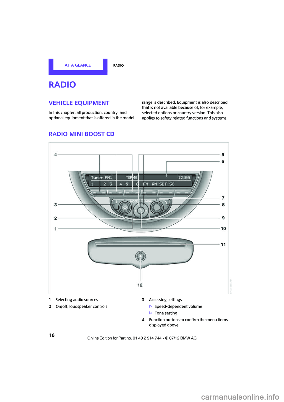 MINI COOPER 2012  Owners Manual AT A GLANCERadio
16
Radio
Vehicle equipment
In this chapter, all production, country, and 
optional equipment that is offered in the model range is described. Equi
pment is also described 
that is not