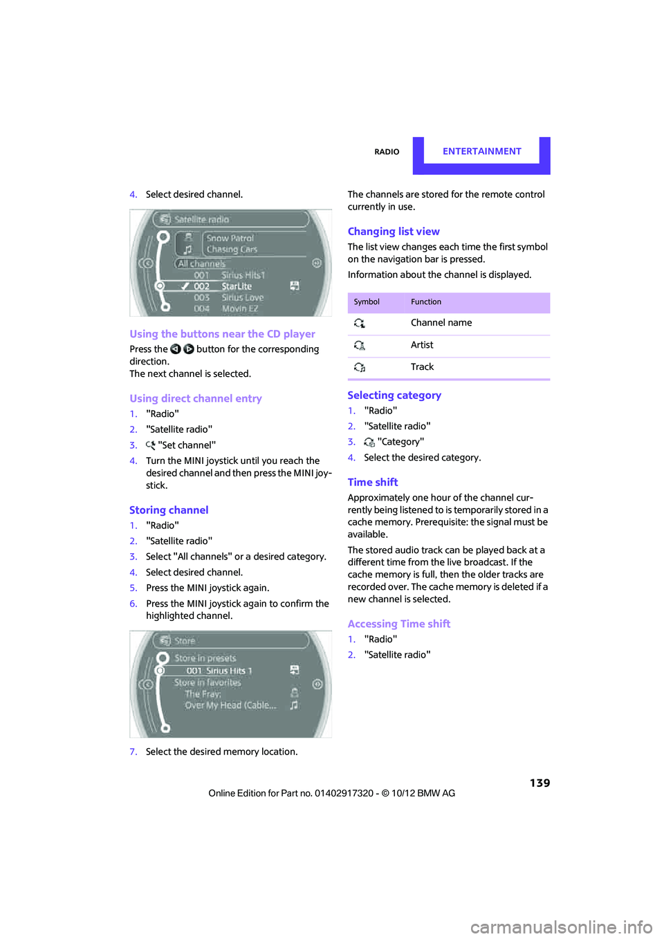 MINI COOPER 2013  Owners Manual RadioENTERTAINMENT
 139
4.Select desired channel.
Using the buttons near the CD player
Press the   button for the corresponding 
direction.
The next channel is selected.
Using direct channel entry
1."