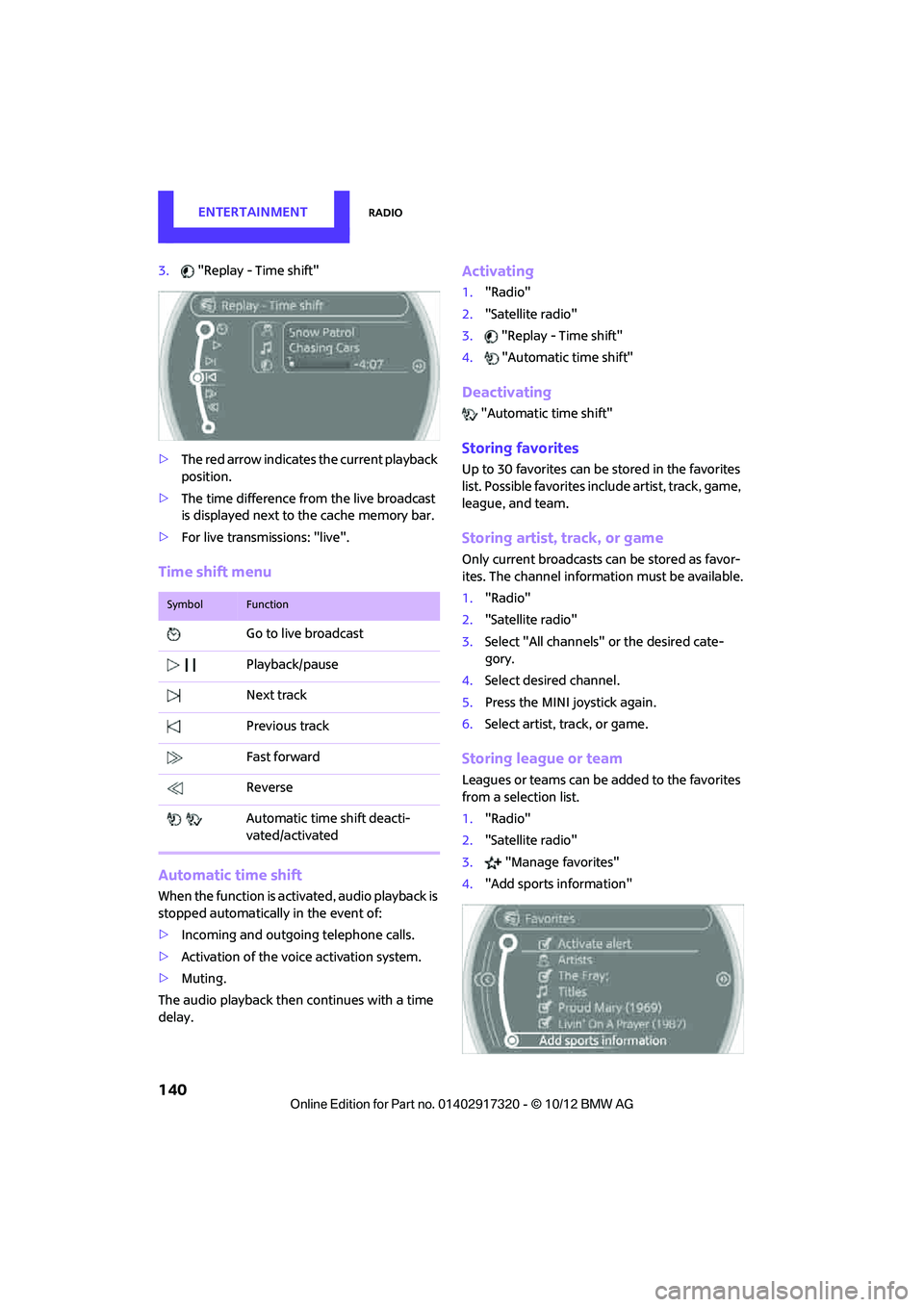 MINI COOPER 2013  Owners Manual ENTERTAINMENTRadio
140
3."Replay - Time shift"
> The red arrow indicates  the current playback 
position.
> The time difference from the live broadcast 
is displayed next to the cache memory bar.
> Fo