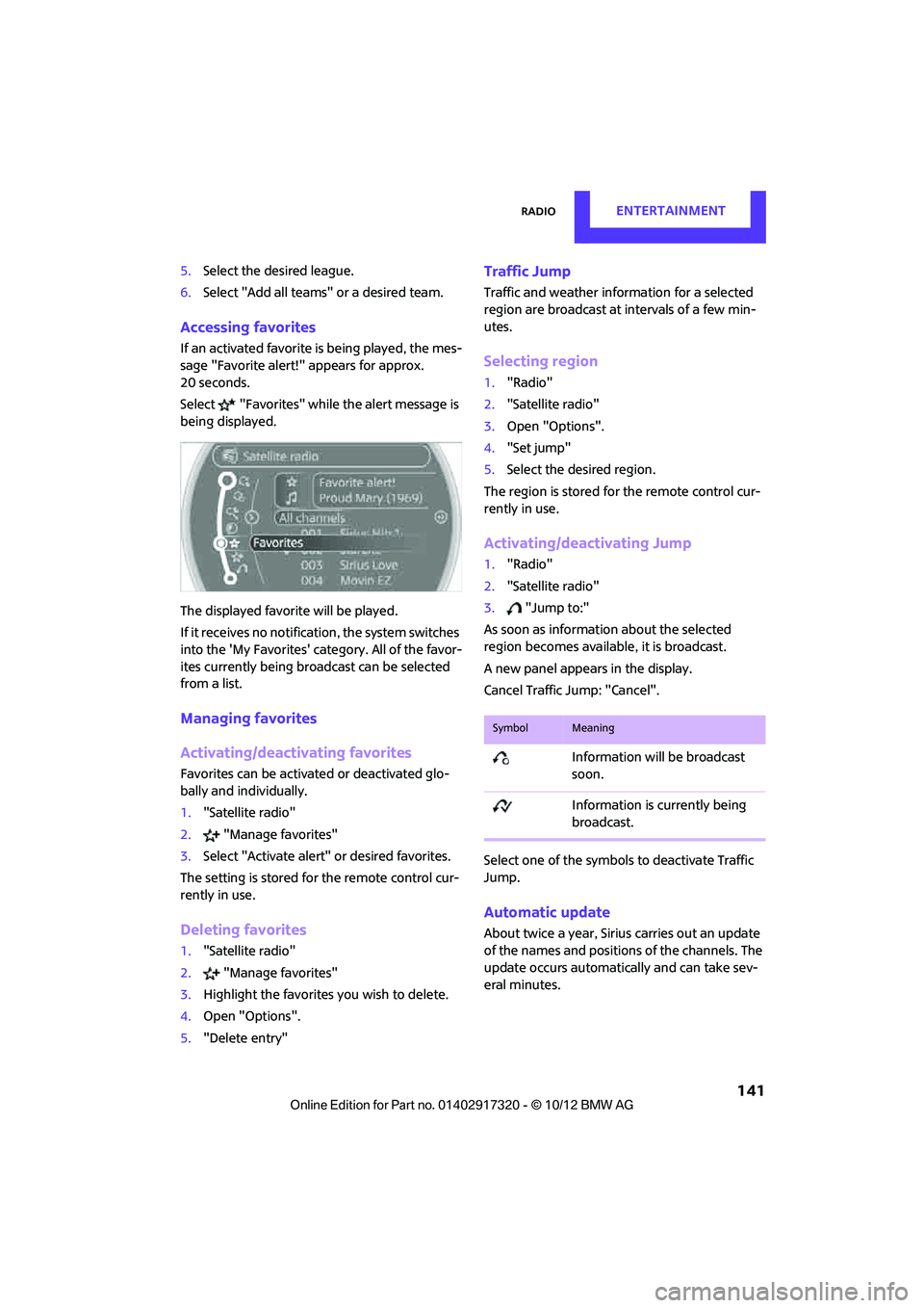 MINI COOPER 2013 Repair Manual RadioENTERTAINMENT
141
5.Select the desired league.
6. Select "Add all teams" or a desired team.
Accessing favorites
If an activated favorite is being played, the mes-
sage "Favorite alert!" appears MINI COOPER 2013 Repair Manual RadioENTERTAINMENT
141
5.Select the desired league.
6. Select "Add all teams" or a desired team.
Accessing favorites
If an activated favorite is being played, the mes-
sage "Favorite alert!" appears