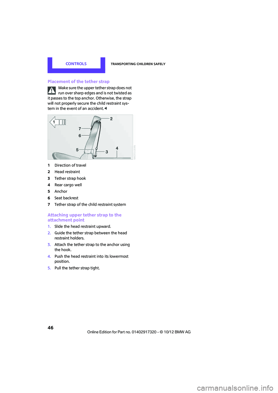 MINI COOPER 2013 Service Manual CONTROLSTransporting children safely
46
Placement of the tether strap
Make sure the upper tether strap does not
run over sharp edges and is not twisted as
it passes to the top anchor. Otherwise, the MINI COOPER 2013 Service Manual CONTROLSTransporting children safely
46
Placement of the tether strap
Make sure the upper tether strap does not
run over sharp edges and is not twisted as
it passes to the top anchor. Otherwise, the