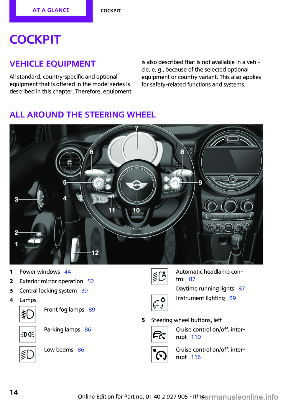 MINI COOPER 2014 Owners Manual CockpitVehicle equipment
All standard, country-specific and optional
equipment that is offered in the model series is
described in this chapter. Therefore, equipmentis also described that is not avail MINI COOPER 2014 Owners Manual CockpitVehicle equipment
All standard, country-specific and optional
equipment that is offered in the model series is
described in this chapter. Therefore, equipmentis also described that is not avail