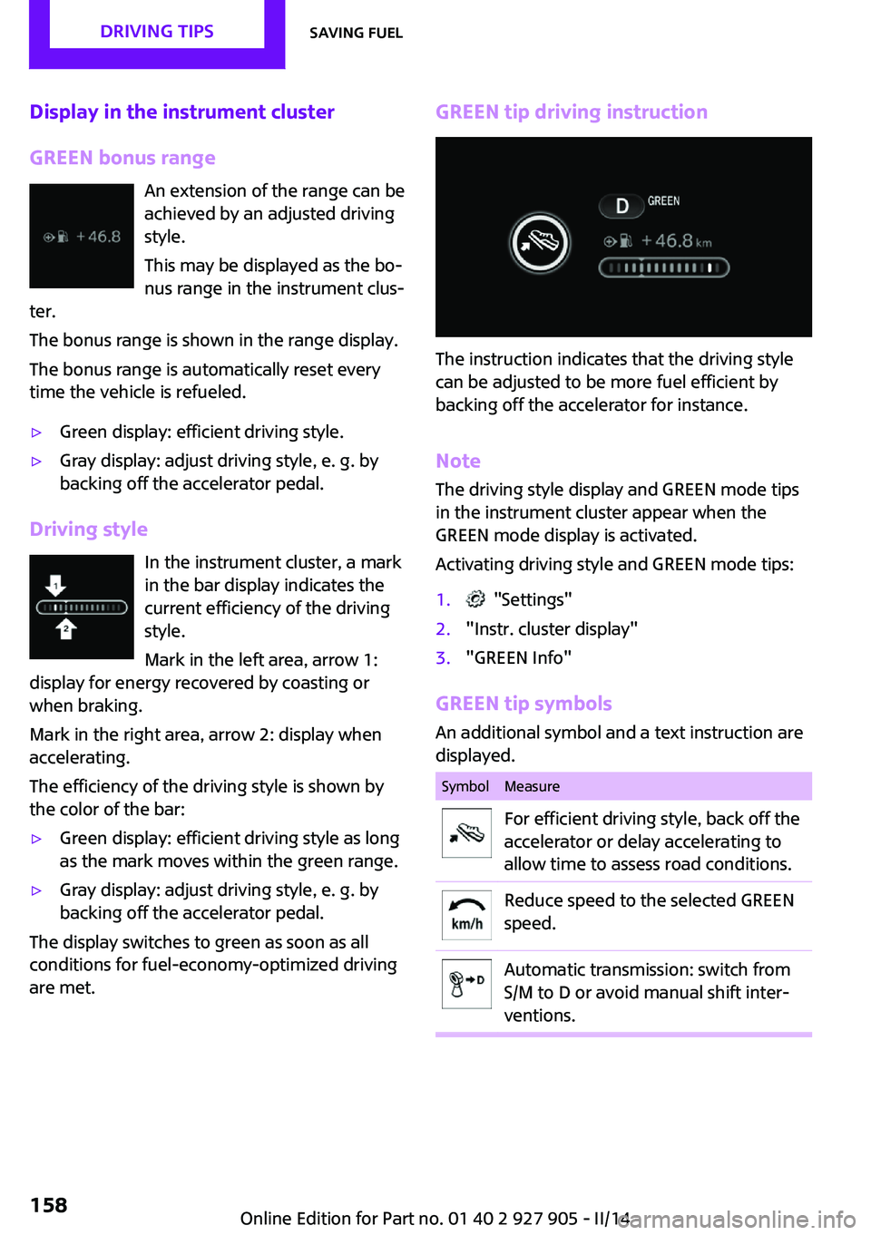 MINI COOPER 2014 Manual PDF Display in the instrument cluster
GREEN bonus range An extension of the range can be
achieved by an adjusted driving
style.
This may be displayed as the bo‐
nus range in the instrument clus‐
ter.
MINI COOPER 2014 Manual PDF Display in the instrument cluster
GREEN bonus range An extension of the range can be
achieved by an adjusted driving
style.
This may be displayed as the bo‐
nus range in the instrument clus‐
ter.