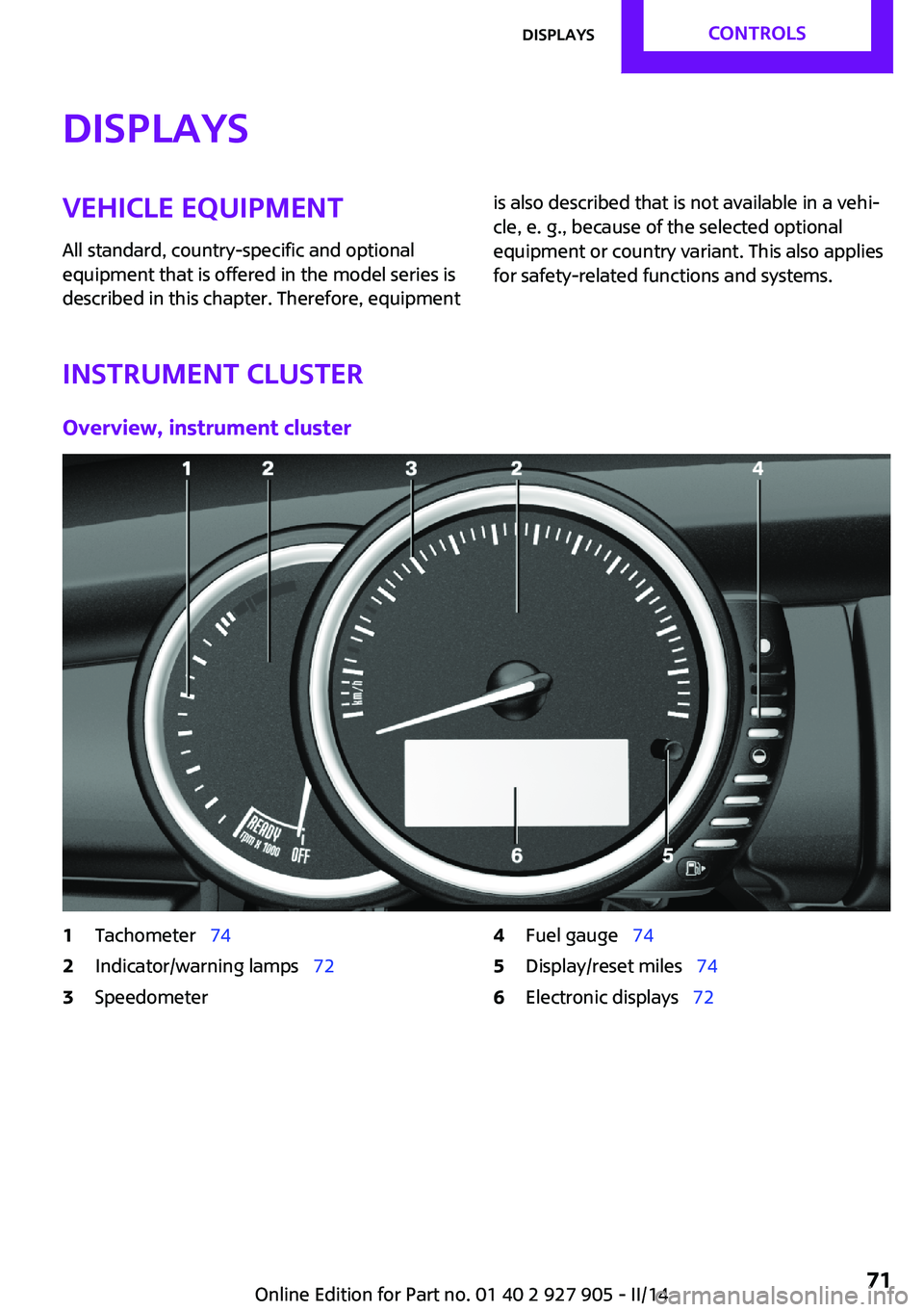 MINI COOPER 2014 Owners Manual DisplaysVehicle equipment
All standard, country-specific and optional
equipment that is offered in the model series is
described in this chapter. Therefore, equipmentis also described that is not avai MINI COOPER 2014 Owners Manual DisplaysVehicle equipment
All standard, country-specific and optional
equipment that is offered in the model series is
described in this chapter. Therefore, equipmentis also described that is not avai