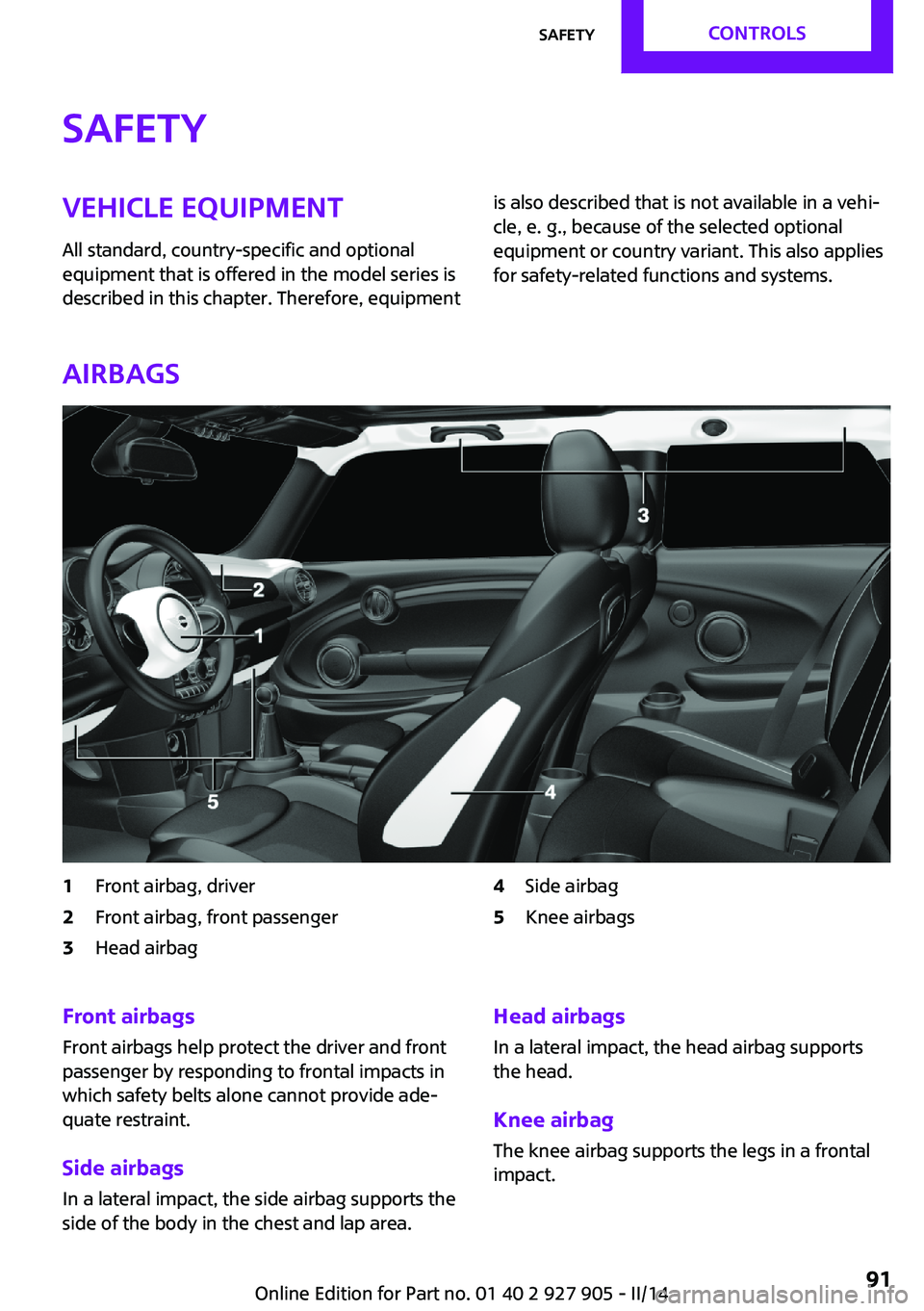 MINI COOPER 2014  Owners Manual SafetyVehicle equipment
All standard, country-specific and optional
equipment that is offered in the model series is
described in this chapter. Therefore, equipmentis also described that is not availa