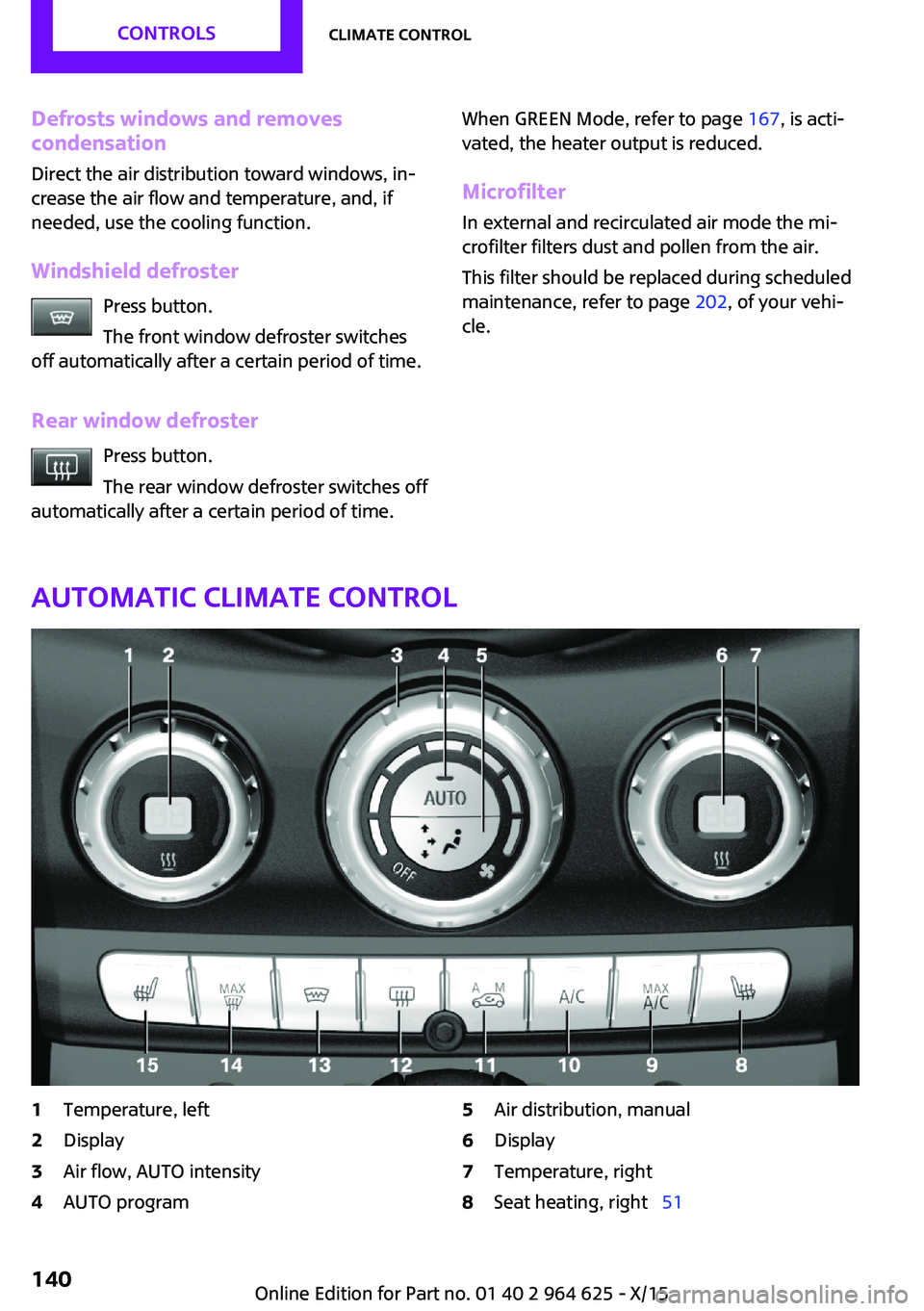 MINI COOPER 2015 Owners Manual Defrosts windows and removes
condensation
Direct the air distribution toward windows, in‐
crease the air flow and temperature, and, if
needed, use the cooling function.
Windshield defroster Press bu MINI COOPER 2015 Owners Manual Defrosts windows and removes
condensation
Direct the air distribution toward windows, in‐
crease the air flow and temperature, and, if
needed, use the cooling function.
Windshield defroster Press bu