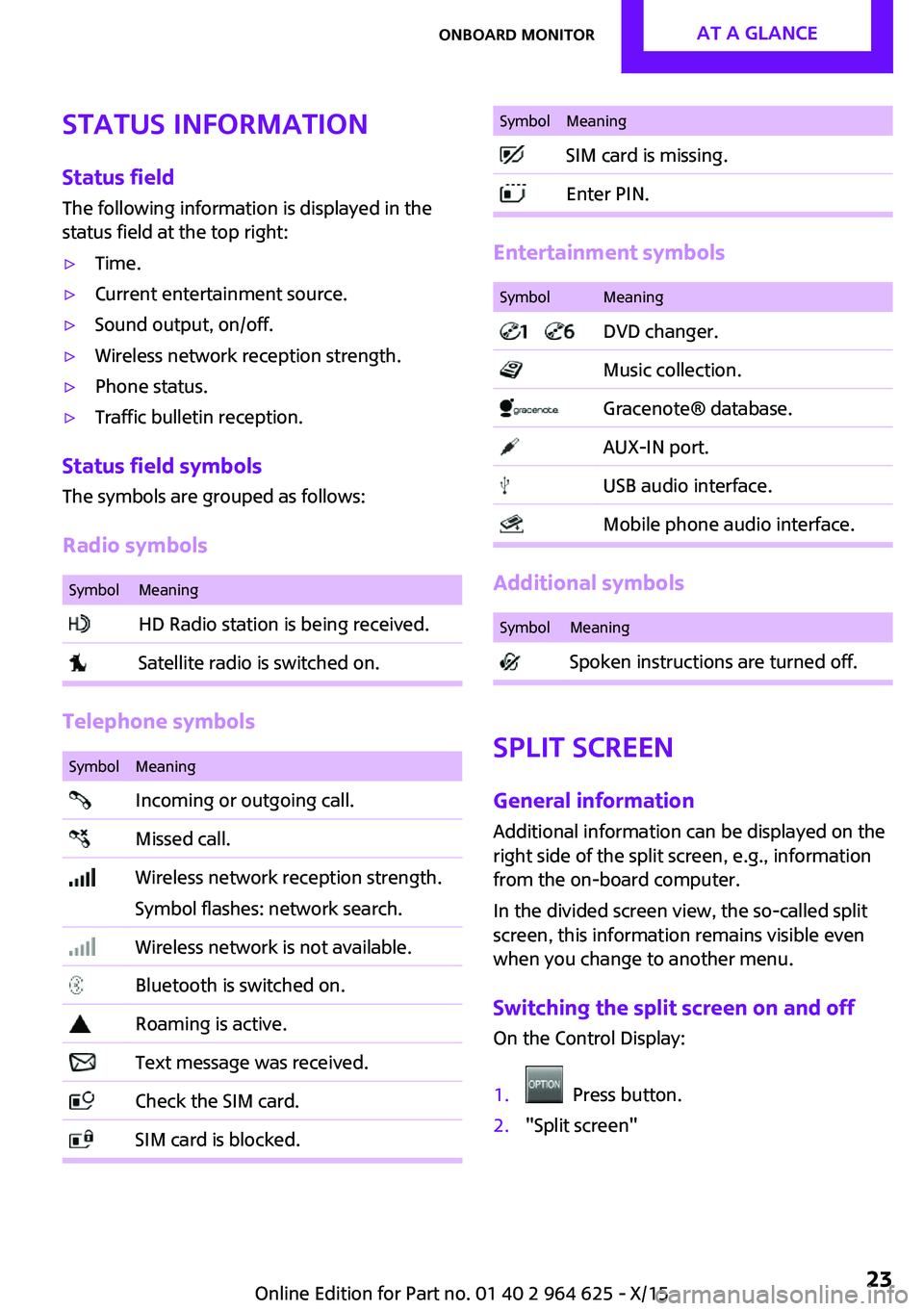 MINI COOPER 2015 Owners Manual Status informationStatus fieldThe following information is displayed in the
status field at the top right:▷Time.▷Current entertainment source.▷Sound output, on/off.▷Wireless network reception MINI COOPER 2015 Owners Manual Status informationStatus fieldThe following information is displayed in the
status field at the top right:▷Time.▷Current entertainment source.▷Sound output, on/off.▷Wireless network reception