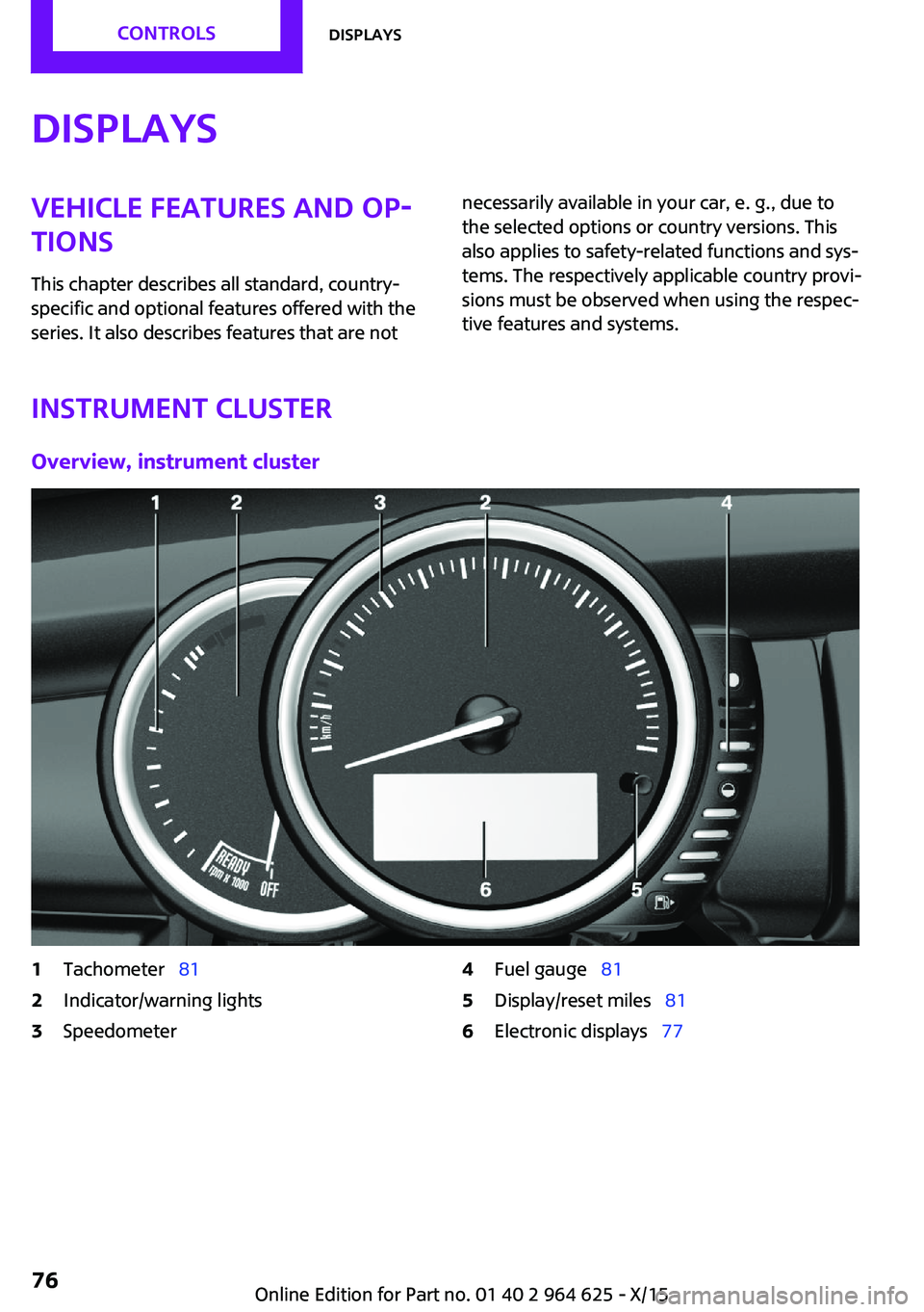 MINI COOPER 2015 Manual PDF DisplaysVehicle features and op‐tions
This chapter describes all standard, country-
specific and optional features offered with the
series. It also describes features that are notnecessarily availab MINI COOPER 2015 Manual PDF DisplaysVehicle features and op‐tions
This chapter describes all standard, country-
specific and optional features offered with the
series. It also describes features that are notnecessarily availab