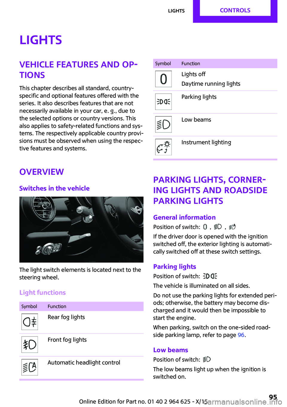 MINI COOPER 2015 Owners Manual LightsVehicle features and op‐
tions
This chapter describes all standard, country-
specific and optional features offered with the series. It also describes features that are notnecessarily availabl MINI COOPER 2015 Owners Manual LightsVehicle features and op‐
tions
This chapter describes all standard, country-
specific and optional features offered with the series. It also describes features that are notnecessarily availabl