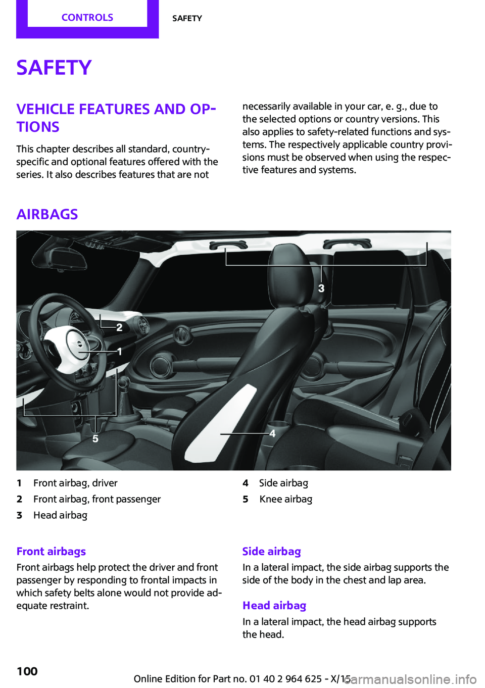 MINI COOPER 2015 Owners Manual SafetyVehicle features and op‐
tions
This chapter describes all standard, country-
specific and optional features offered with the
series. It also describes features that are notnecessarily availabl MINI COOPER 2015 Owners Manual SafetyVehicle features and op‐
tions
This chapter describes all standard, country-
specific and optional features offered with the
series. It also describes features that are notnecessarily availabl