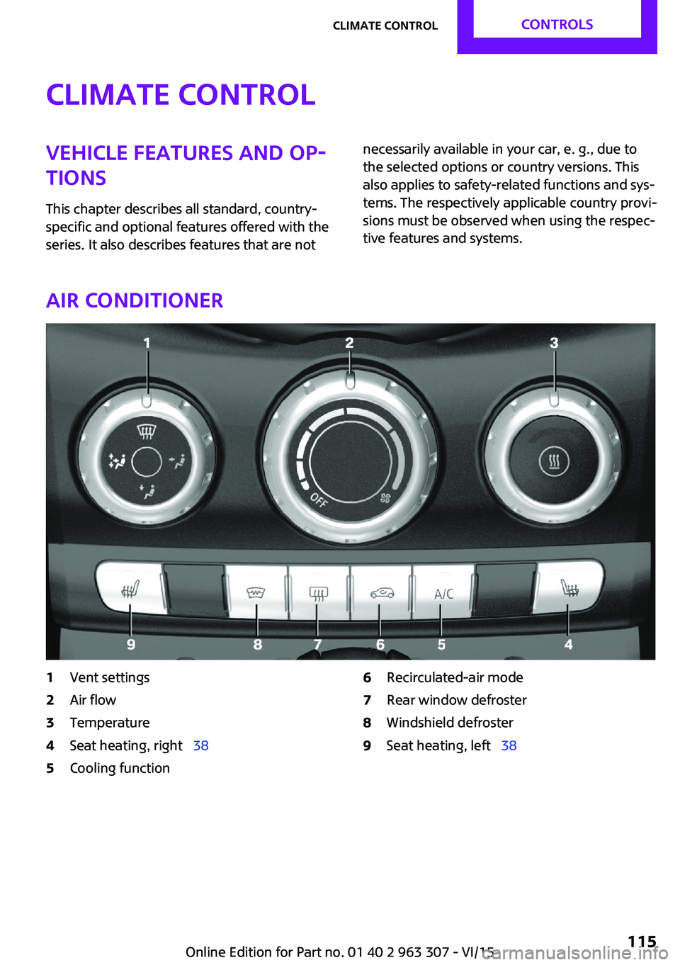 MINI COOPER 2016 Owners Manual Climate controlVehicle features and op‐
tions
This chapter describes all standard, country-
specific and optional features offered with the
series. It also describes features that are notnecessarily MINI COOPER 2016 Owners Manual Climate controlVehicle features and op‐
tions
This chapter describes all standard, country-
specific and optional features offered with the
series. It also describes features that are notnecessarily