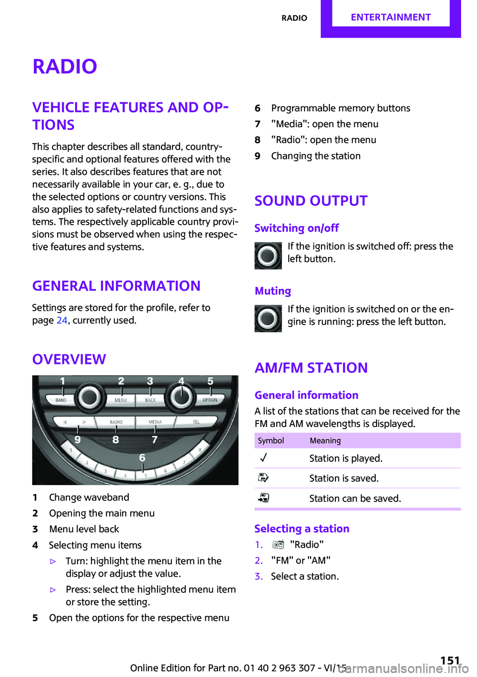 MINI COOPER 2016 Owners Manual RadioVehicle features and op‐
tions
This chapter describes all standard, country-
specific and optional features offered with the
series. It also describes features that are not
necessarily availabl MINI COOPER 2016 Owners Manual RadioVehicle features and op‐
tions
This chapter describes all standard, country-
specific and optional features offered with the
series. It also describes features that are not
necessarily availabl