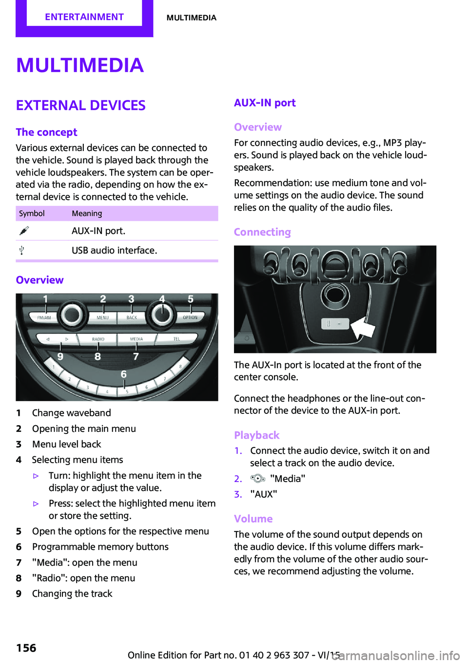 MINI COOPER 2016 Owners Manual MultimediaExternal devices
The concept Various external devices can be connected to
the vehicle. Sound is played back through the
vehicle loudspeakers. The system can be oper‐
ated via the radio, de MINI COOPER 2016 Owners Manual MultimediaExternal devices
The concept Various external devices can be connected to
the vehicle. Sound is played back through the
vehicle loudspeakers. The system can be oper‐
ated via the radio, de