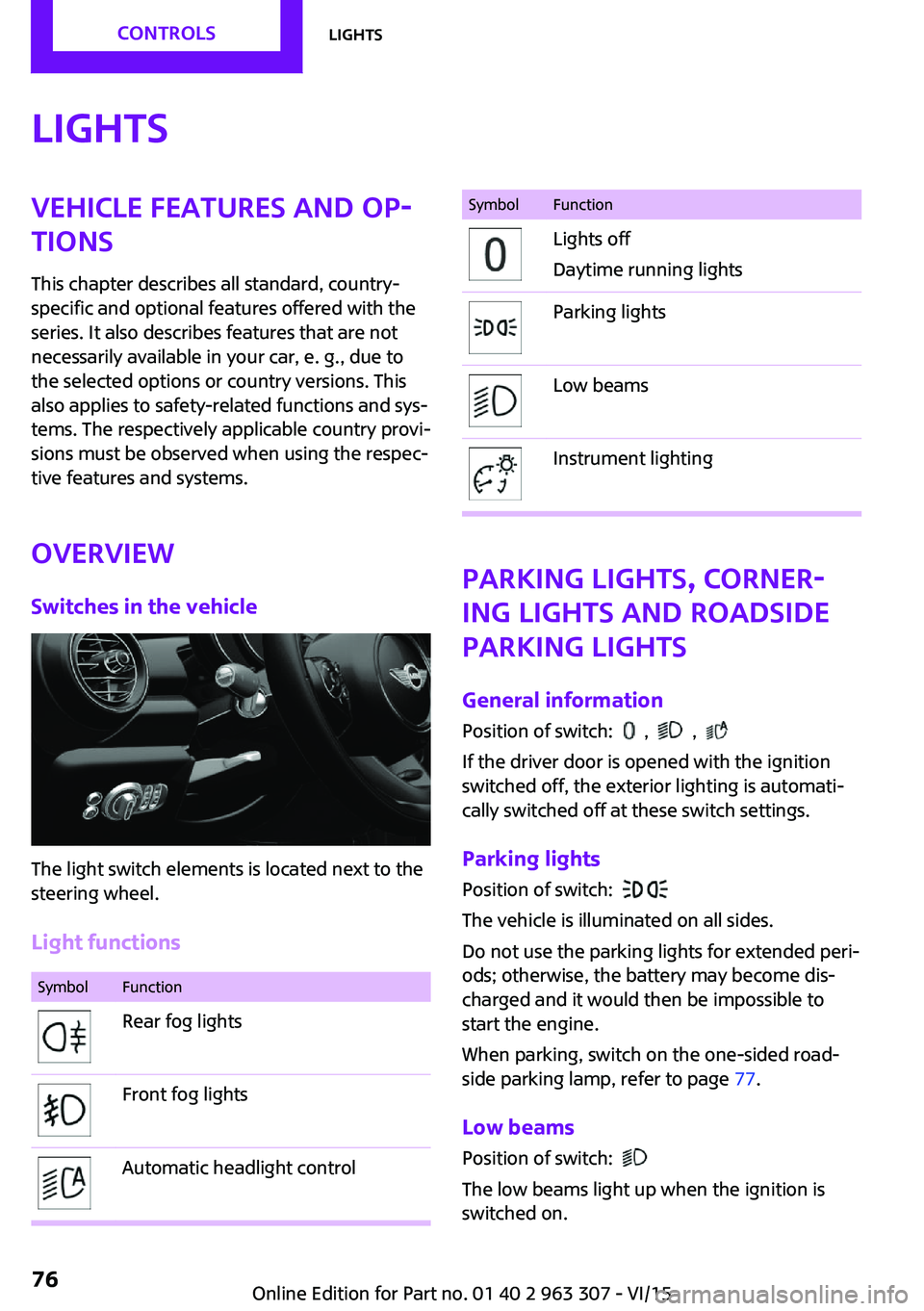 MINI COOPER 2016 Manual PDF LightsVehicle features and op‐
tions
This chapter describes all standard, country-
specific and optional features offered with the series. It also describes features that are notnecessarily availabl