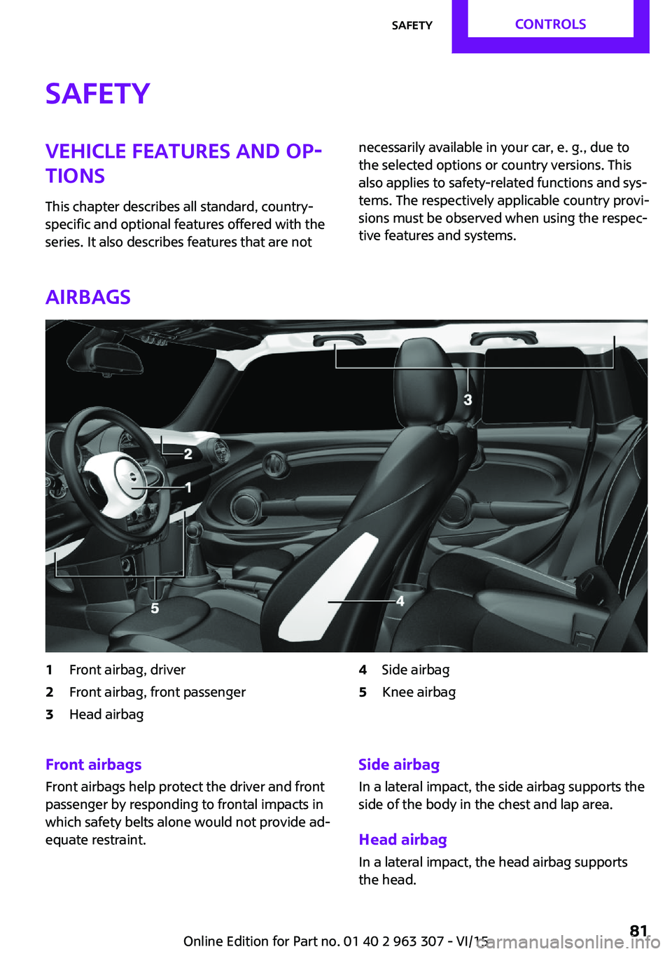 MINI COOPER 2016 Manual Online SafetyVehicle features and op‐
tions
This chapter describes all standard, country-
specific and optional features offered with the
series. It also describes features that are notnecessarily availabl MINI COOPER 2016 Manual Online SafetyVehicle features and op‐
tions
This chapter describes all standard, country-
specific and optional features offered with the
series. It also describes features that are notnecessarily availabl