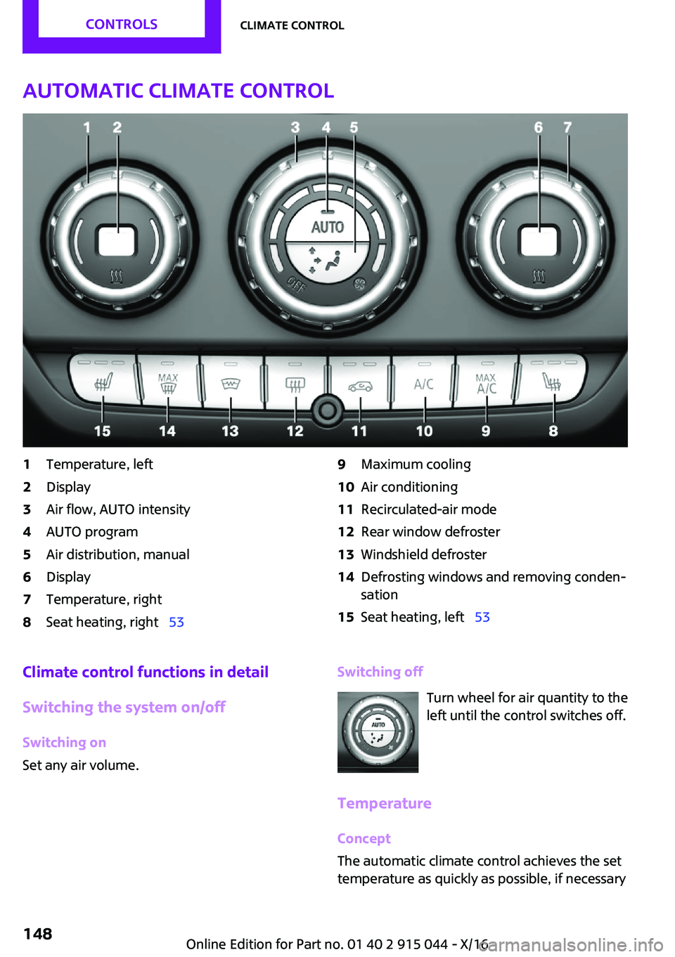 MINI COOPER 2017  Owners Manual �A�u�t�o�m�a�t�i�c��c�l�i�m�a�t�e��c�o�n�t�r�o�l�1�T�e�m�p�e�r�a�t�u�r�e�,� �l�e�f�t�2�D�i�s�p�l�a�y�3�A�i�r� �f�l�o�w�,� �A�U�T�O� �i�n�t�e�n�s�i�t�y�4�A�U�T�O� �p�r�o�g�r�a�m�5�A�i�r� �d�i�s�t�r�i