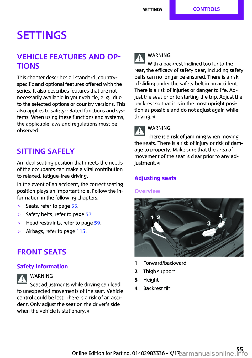 MINI COOPER 2018 Workshop Manual �S�e�t�t�i�n�g�s�V�e�h�i�c�l�e��f�e�a�t�u�r�e�s��a�n�d��o�p