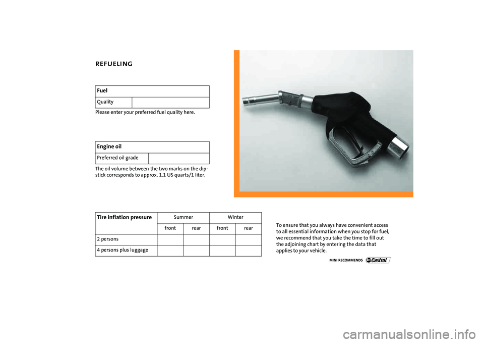 MINI COOPER CONVERTIBLE 2008 Owners Manual Please enter your preferred fuel quality here.
The oil volume between the two marks on the dip-
stick corresponds to approx. 1.1 US quarts/1 liter.FuelQualityEngine oil Preferred oil gradeTire inflati MINI COOPER CONVERTIBLE 2008 Owners Manual Please enter your preferred fuel quality here.
The oil volume between the two marks on the dip-
stick corresponds to approx. 1.1 US quarts/1 liter.FuelQualityEngine oil Preferred oil gradeTire inflati