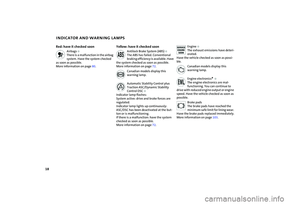 MINI COOPER CONVERTIBLE 2008 Owners Manual 18
INDICATOR AND WARNING LAMPSRed: have it checked soon
Airbags
+
There is a malfunction in the airbag
system. Have the system checked
as soon as possible.
More information on page80.
Yellow: hav MINI COOPER CONVERTIBLE 2008 Owners Manual 18
INDICATOR AND WARNING LAMPSRed: have it checked soon
Airbags
+
There is a malfunction in the airbag
system. Have the system checked
as soon as possible.
More information on page80.
Yellow: hav