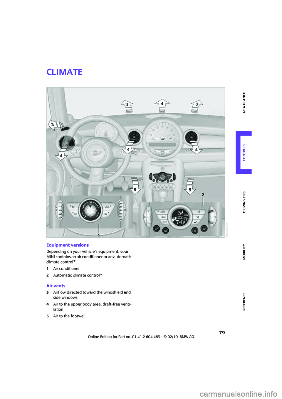 MINI COOPER CONVERTIBLE 2010  Owners Manual REFERENCEAT A GLANCE CONTROLS DRIVING TIPS MOBILITY
 79
Climate
Equipment versions
Depending on your vehicles equipment, your 
MINI contains an air conditioner
 or an automatic 
climate control
*.
1A