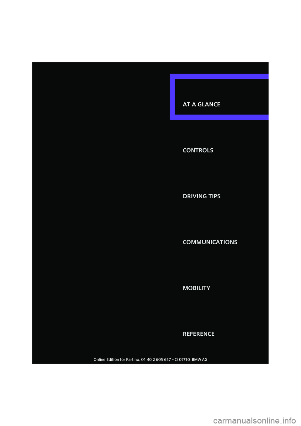 MINI COOPER CONVERTIBLE 2011 User Guide AT A GLANCE
CONTROLS
DRIVING TIPS
COMMUNICATIONS
MOBILITY
REFERENCE AT A GLANCE 