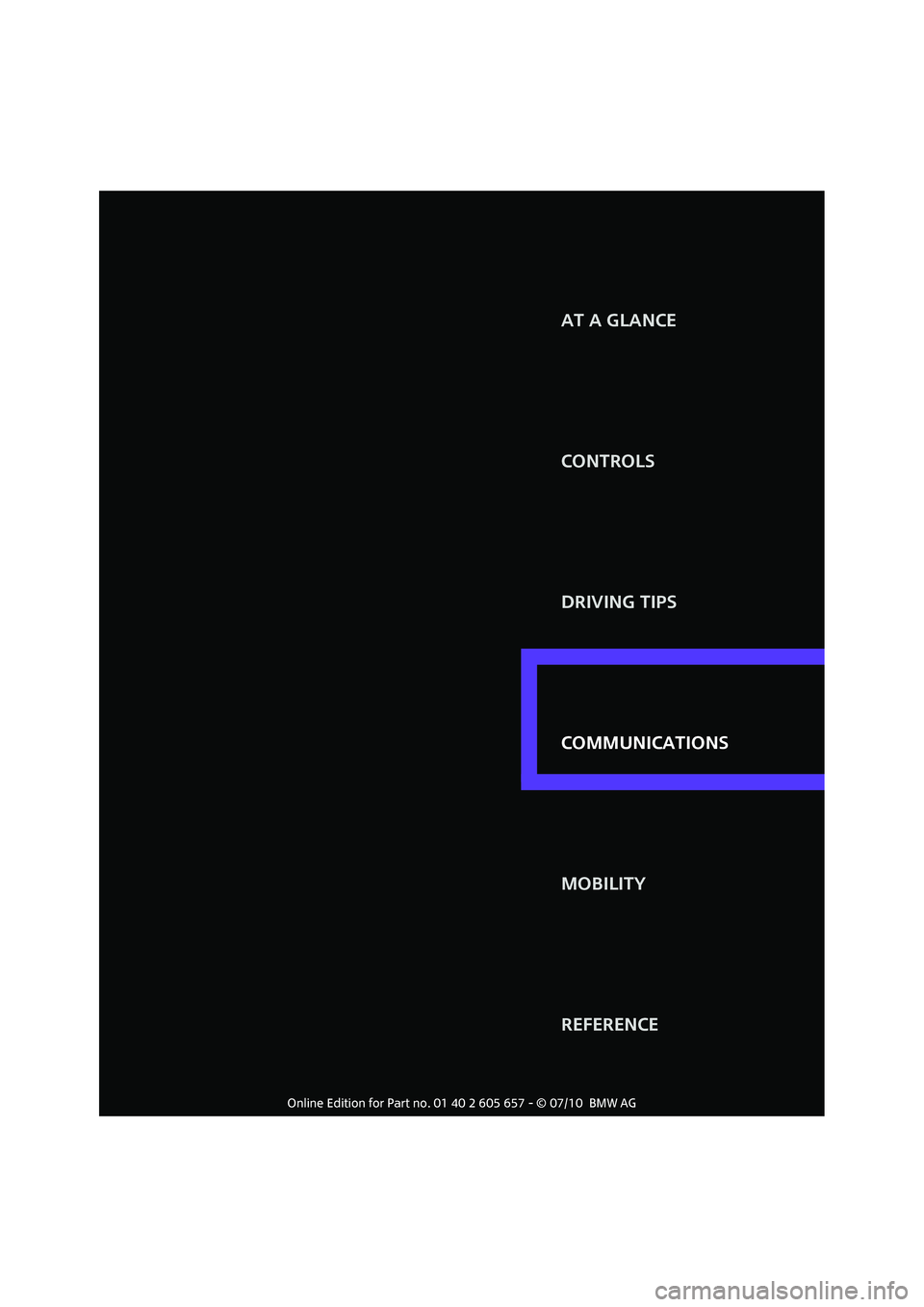 MINI COOPER CONVERTIBLE 2011 Owners Manual AT A GLANCE
CONTROLS
COMMUNICATIONS DRIVING TIPS
MOBILITY
REFERENCE COMMUNICATIONS MINI COOPER CONVERTIBLE 2011 Owners Manual AT A GLANCE
CONTROLS
COMMUNICATIONS DRIVING TIPS
MOBILITY
REFERENCE COMMUNICATIONS