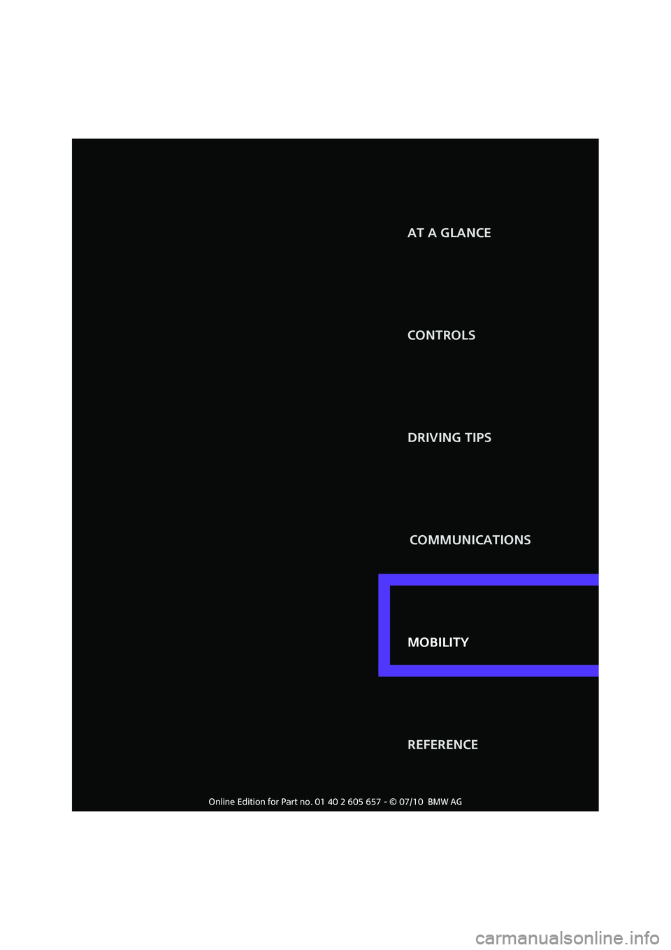 MINI COOPER CONVERTIBLE 2011 Owners Manual MOBILITY CONTROLS
DRIVING TIPS AT A GLANCE
REFERENCECOMMUNICATIONS
MOBILITY MINI COOPER CONVERTIBLE 2011 Owners Manual MOBILITY CONTROLS
DRIVING TIPS AT A GLANCE
REFERENCECOMMUNICATIONS
MOBILITY