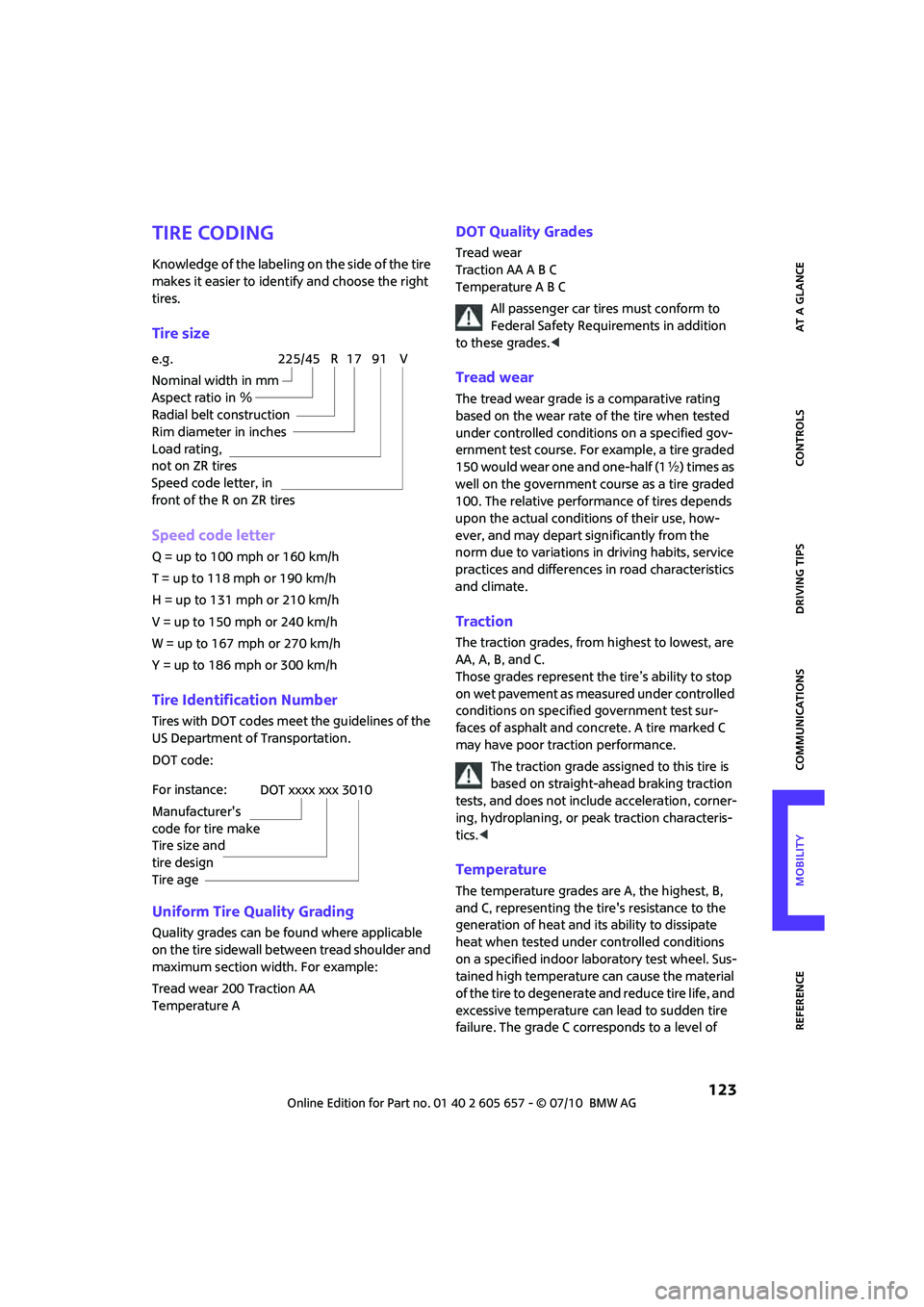 MINI COOPER CONVERTIBLE 2011 Owners Manual 123
AT A GLANCE REFERENCEMOBILITYCONTROLS DRIVING TIPS COMMUNICATIONS
Tire coding
Knowledge of the labeling on the side of the tire
makes it easier to identify and choose the right
tires.
Tire size MINI COOPER CONVERTIBLE 2011 Owners Manual 123
AT A GLANCE REFERENCEMOBILITYCONTROLS DRIVING TIPS COMMUNICATIONS
Tire coding
Knowledge of the labeling on the side of the tire
makes it easier to identify and choose the right
tires.
Tire size