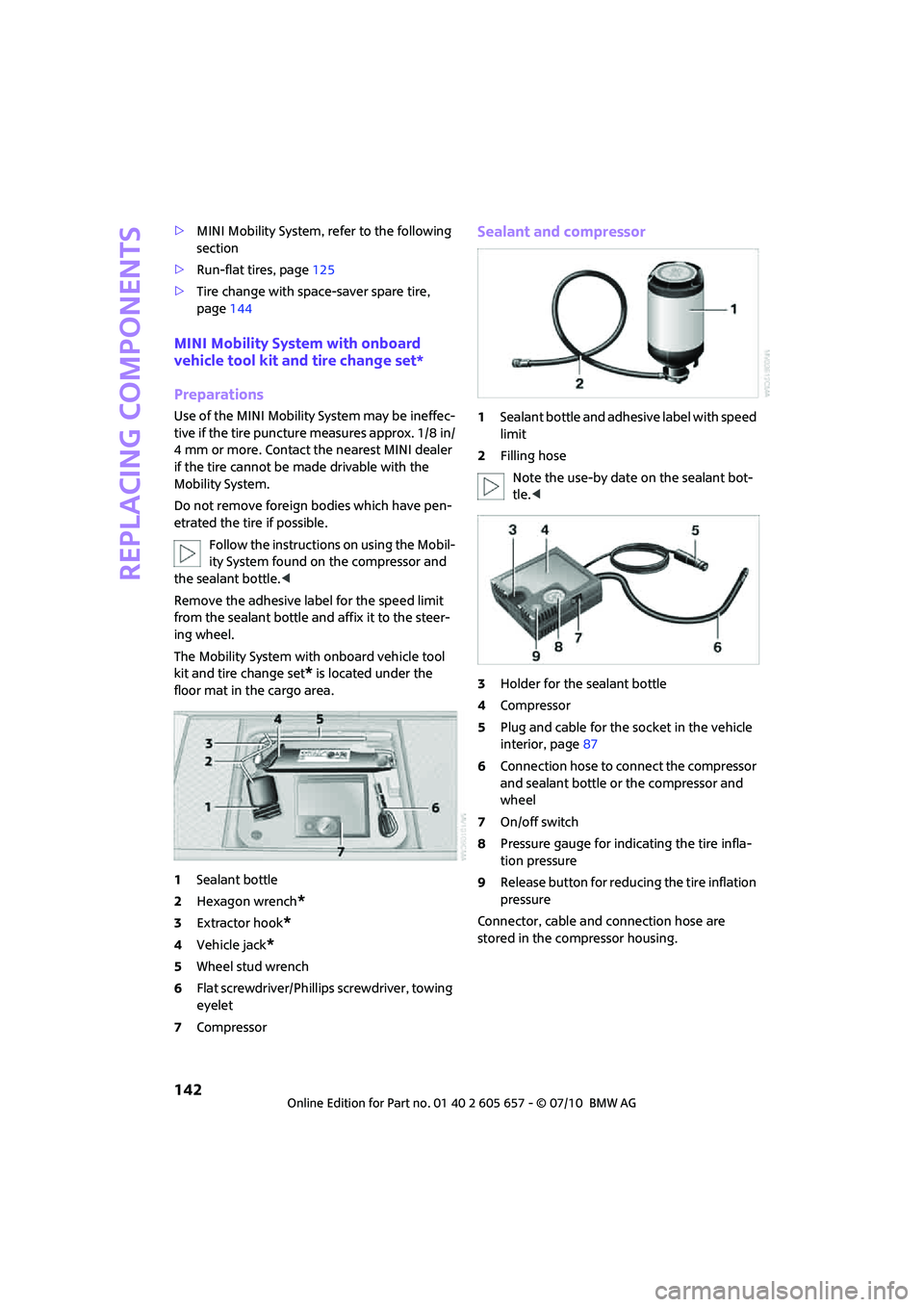 MINI COOPER CONVERTIBLE 2011  Owners Manual Replacing components
142
>MINI Mobility System, refer to the following 
section
>Run-flat tires, page125
>Tire change with space-saver spare tire, 
page144
MINI Mobility System with onboard 
vehicle t