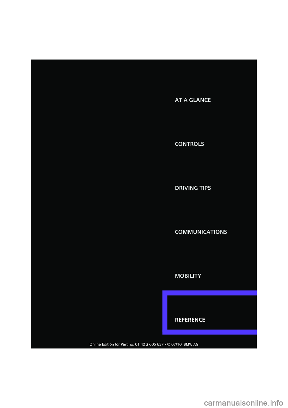 MINI COOPER CONVERTIBLE 2011  Owners Manual REFERENCE CONTROLS
DRIVING TIPS
COMMUNICATIONS AT A GLANCE
MOBILITY
REFERENCE 
