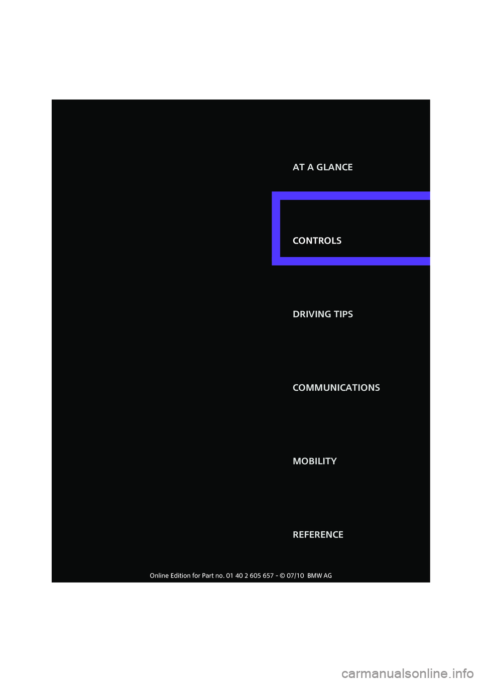MINI COOPER CONVERTIBLE 2011 User Guide CONTROLS AT A GLANCE
DRIVING TIPS
COMMUNICATIONS
MOBILITY
REFERENCE CONTROLS 