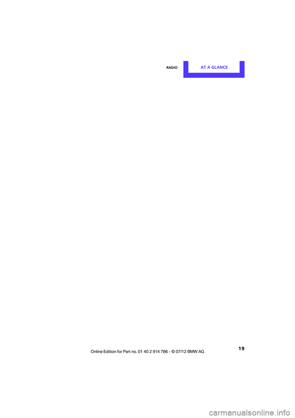 MINI COOPER CONVERTIBLE 2012 User Guide RadioAT A GLANCE
 19
Online  Edition  for Part  no. 01 40 2 914  786 - \251  07/12  BMW AG  