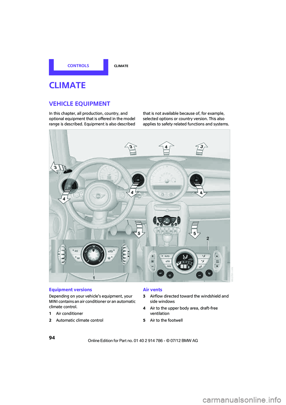 MINI COOPER CONVERTIBLE 2012  Owners Manual CONTROLSClimate
94
Climate
Vehicle equipment
In this chapter, all production, country, and 
optional equipment that is offered in the model 
range is described. Equipment is also described  that is no