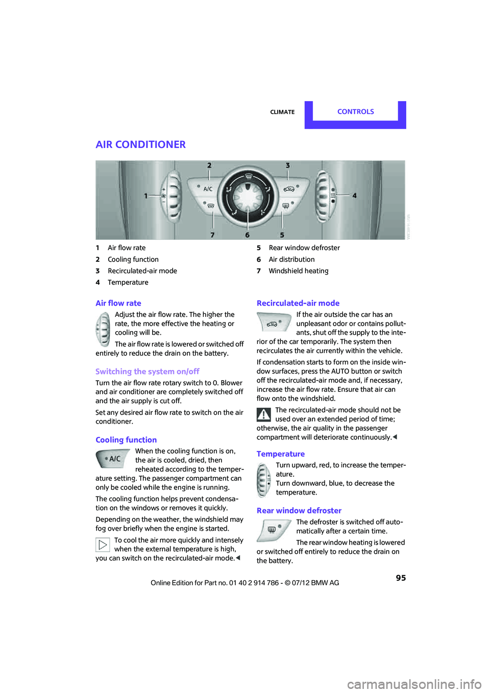 MINI COOPER CONVERTIBLE 2012  Owners Manual ClimateCONTROLS
 95
Air conditioner
1Air flow rate
2 Cooling function
3 Recirculated-air mode
4 Temperature 5
Rear window defroster
6 Air distribution
7 Windshield heating
Air flow rate
Adjust the air