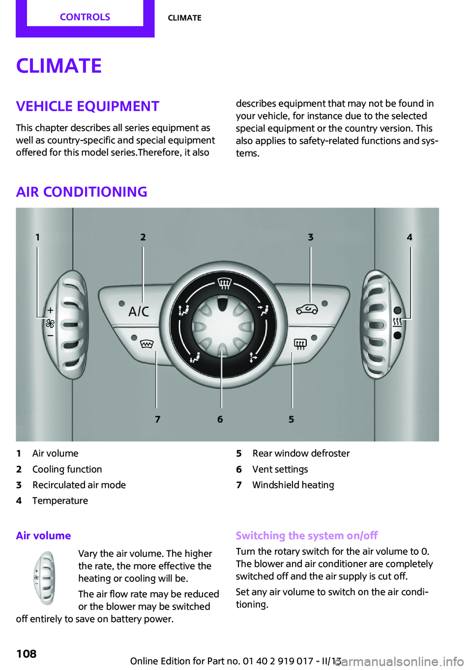 MINI COOPER CONVERTIBLE 2013  Owners Manual ClimateVehicle equipment
This chapter describes all series equipment as
well as country-specific and special equipment
offered for this model series.Therefore, it alsodescribes equipment that may not 