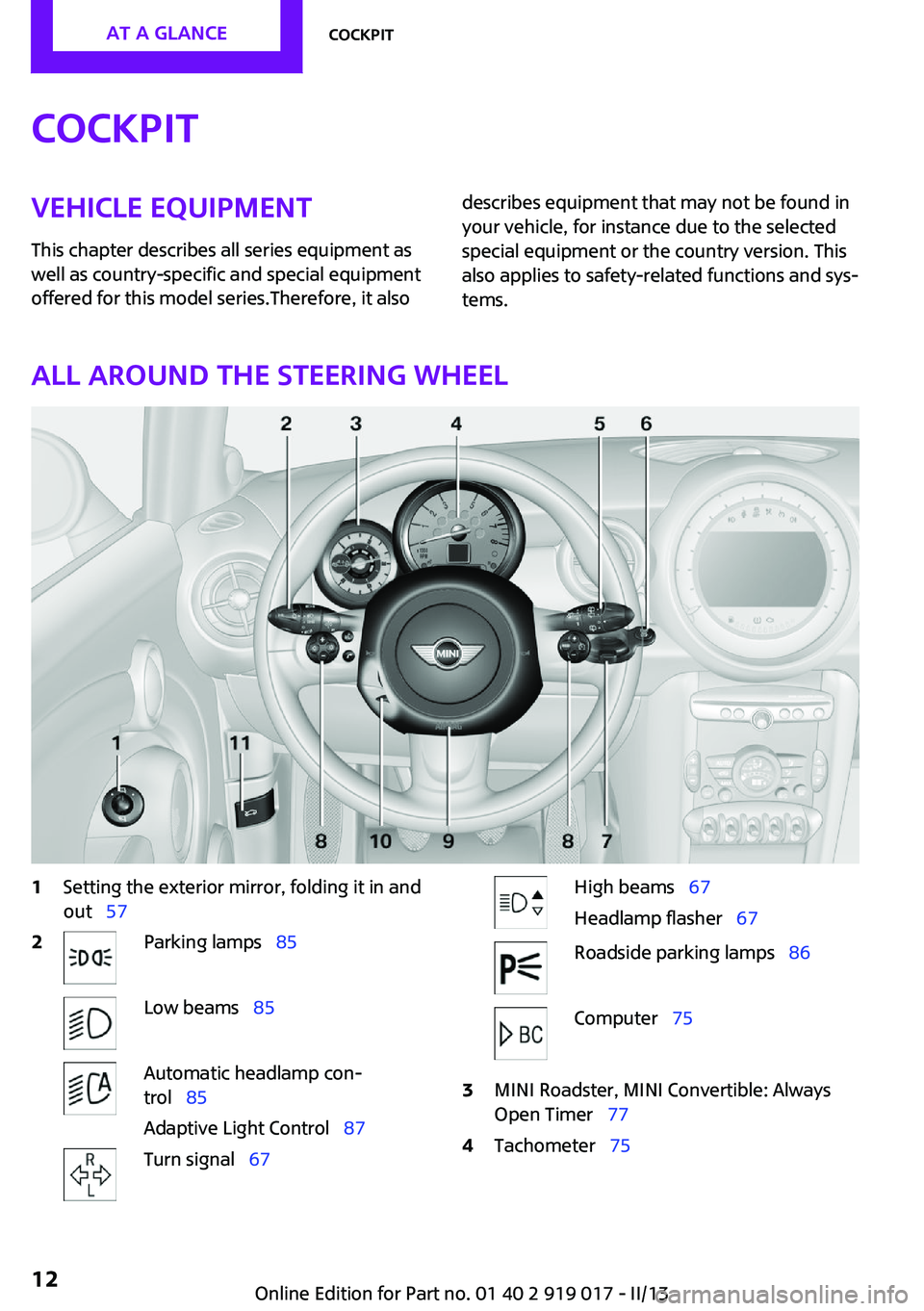 MINI COOPER CONVERTIBLE 2013  Owners Manual CockpitVehicle equipment
This chapter describes all series equipment as
well as country-specific and special equipment
offered for this model series.Therefore, it alsodescribes equipment that may not 