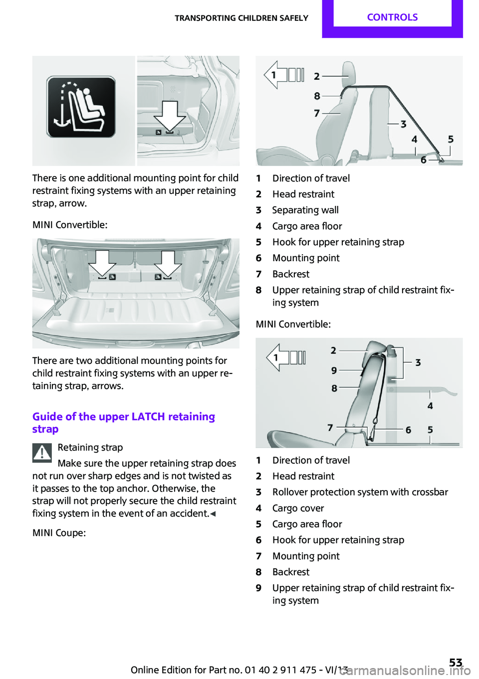 MINI COOPER CONVERTIBLE 2014 Workshop Manual There is one additional mounting point for child
restraint fixing systems with an upper retaining
strap, arrow.
MINI Convertible:
There are two additional mounting points for
child restraint fixing sy MINI COOPER CONVERTIBLE 2014 Workshop Manual There is one additional mounting point for child
restraint fixing systems with an upper retaining
strap, arrow.
MINI Convertible:
There are two additional mounting points for
child restraint fixing sy