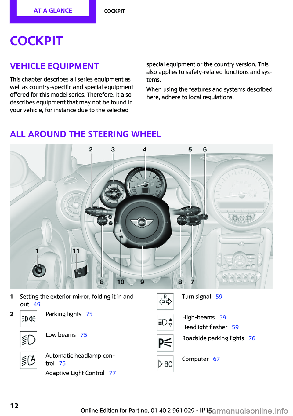 MINI COOPER CONVERTIBLE 2015 Owners Manual CockpitVehicle equipment
This chapter describes all series equipment as
well as country-specific and special equipment
offered for this model series. Therefore, it also
describes equipment that may no MINI COOPER CONVERTIBLE 2015 Owners Manual CockpitVehicle equipment
This chapter describes all series equipment as
well as country-specific and special equipment
offered for this model series. Therefore, it also
describes equipment that may no